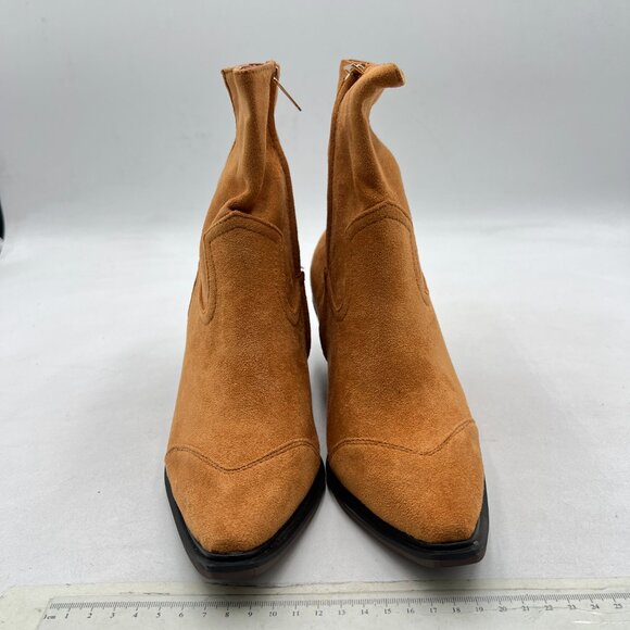 Brown Suede Pointed Toe Chunky Heel Side Zipper Ankle Boot Comfy Winter Bootie - Picture 2 of 7